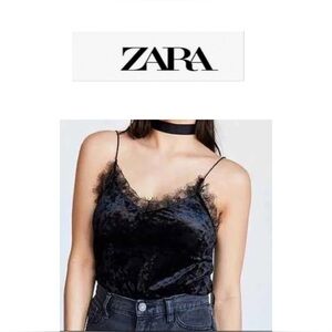 Zara Black Lace Trim Velvet Cami Top XS